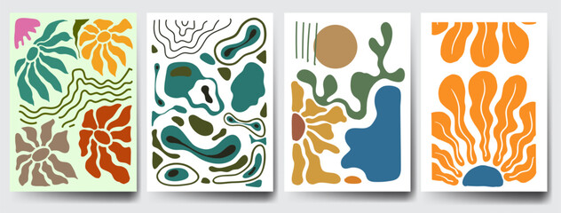 Groovy abstract flower art set. Organic doodle shapes in trendy naive retro hippie 60s 70s style. Contemporary doodle art design for print, wallpaper, clipart, wall art for home decoration, poster.