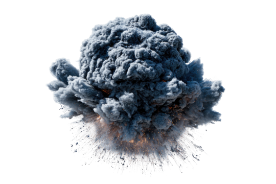 Massive explosion, dark gray smoke cloud, radiating outwards