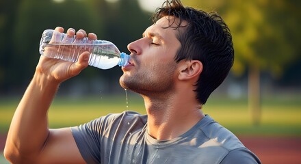 A man taking a drink of water from a plastic bottle after exercise outdoors.