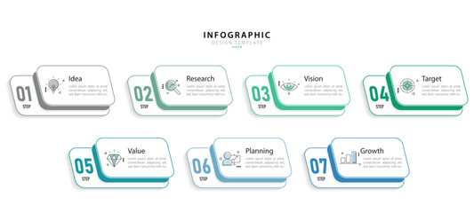 Infographic template. 7 steps timeline journey. Process diagram, 7 options on white background, Infograph elements, technology, education, modern, business, vector illustration.
