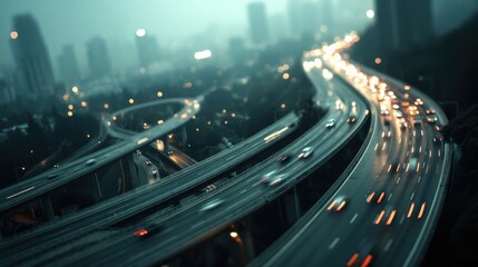 A dynamic nighttime cityscape showcasing winding highways illuminated by vehicle lights, set against a backdrop of towering skyscrapers.
