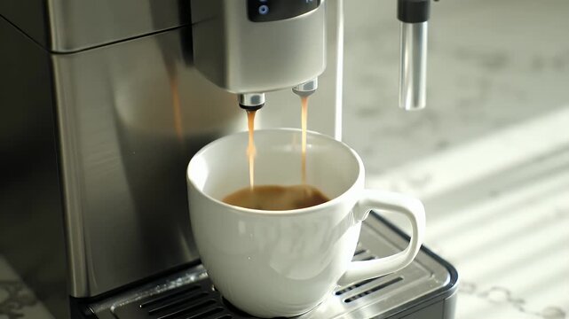 A closeup shot of an automatic coffee machine pouring fresh hot espresso into a white ceramic mug on a kitchen counter in the morning - Powered by Adobe