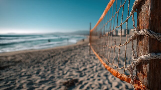 A beach volleyball net stands against a backdrop of ocean waves and sandy shores under a clear blue sky, inviting outdoor sports and relaxation. - Powered by Adobe