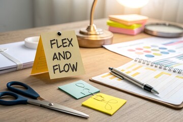 Workspace with motivational notes, scissors, and stationery, highlighting creativity and organization