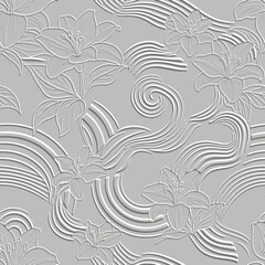 3d seamless embossed floral pattern with lilies and swirling striped wave elements in silver tones on a light grey background. Relief surface ornaments with embossing effect. Endless emboss texture.
