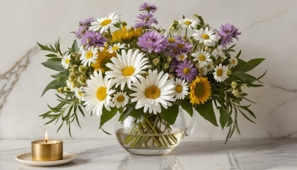 Tranquil Still Life with a Wildflower Bouquet of Daisies and Asters by a Golden Candle's Glow