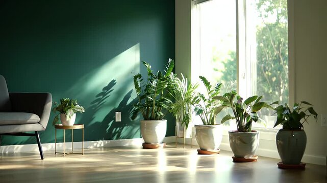 Peaceful sunlit home interior featuring lush green houseplants in ceramic pots against a dark accent wall creating a serene vibe