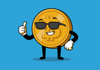 Cartoon Bitcoin Character with Sunglasses Giving Thumbs Up.