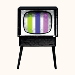 Vintage retro halftone television. Collage screen with photocopy effect. Grunge disco element for karaoke, music, sing poster, podcast, banner. Dotted isolated vector illustration.