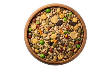 A dry rodent food mixture suitable for mice, rabbits, or degus, presented in a wooden bowl and isolated against a white background with a clipping path.
