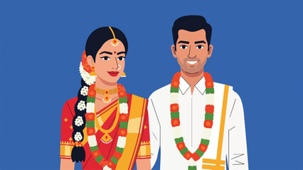 Happy Indian Couple in Traditional Wedding Attire with Garlands, Illustration