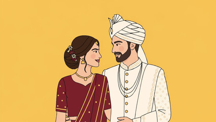Indian Wedding Couple Looking at Each Other, Traditional Attire Illustration