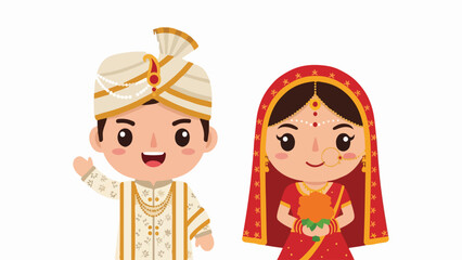Cute Chibi Indian Wedding Couple Waving, Cartoon Illustration