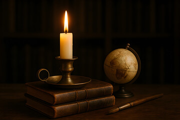 Vintage Candle with Globe and Leather Notebooks in Dark Library Setting