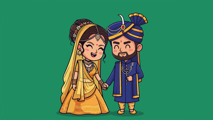 Cute Chibi Indian Wedding Couple Holding Hands, Green Background Cartoon