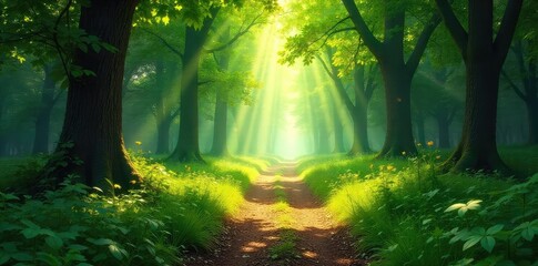 Obraz premium Sun-dappled forest path winds through lush green woodland, sunlight filtering through leaves, creating a magical atmosphere Perfect for fantasy, nature, and fairytale themes , fantasy, trees, ecology