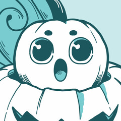 Obraz premium White pumpkin with big round eyes and surprised expression on light blue background. 