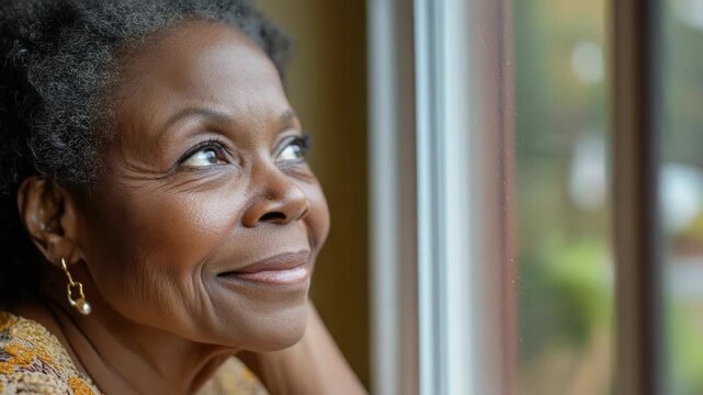 A smiling woman gazing out a window, possibly contemplating or daydreaming