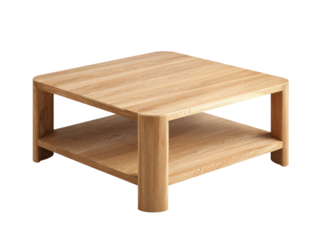 Light-toned wooden square coffee table with open shelf