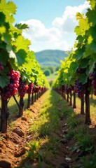 Sun-drenched rows of ripening grapes hang heavy on the vines, ready for harvest in a picturesque vineyard The idyllic scene showcases the beauty of winemaking , agricultural, winegrowing, foliage
