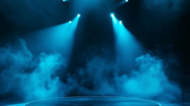Dramatic stage with blue lighting and smoke effects in dark setting  