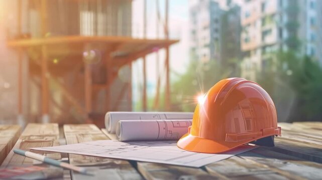 Construction helmet and blueprints on wooden table at site  