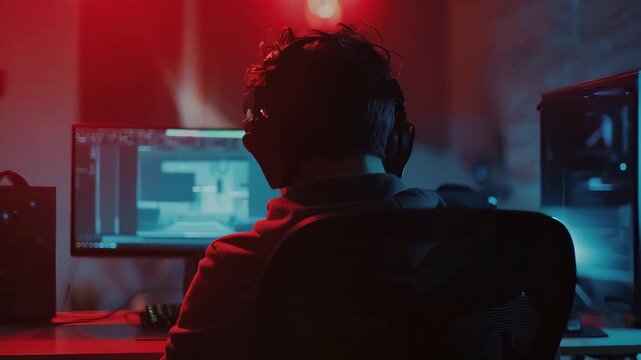 Young man using computer with headphones in gaming setup at night  