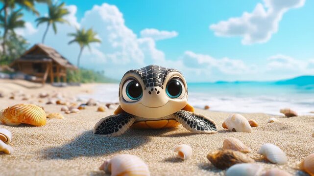 Cute turtle video on sandy beach with shells and blue sea under sunny sky