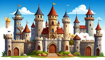 Fototapeta premium Cartoon castle landscape, multiple towers, detailed structures