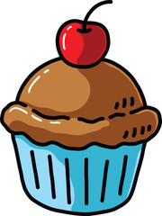 Vector Cartoon Hand Drawn Chocolate Cupcake With Cherry On Top