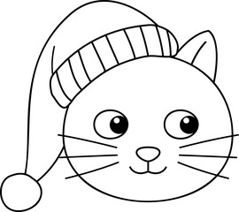 Cute Holiday cat character children's coloring page.
Winter Christmas cat in santa hat outline vector isolated.
Transparent background. svg.