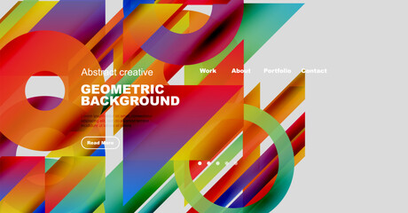 Vibrant geometric design. Colorful shapes overlap creating dynamic website header. Text promotes portfolio, work, contact options.
