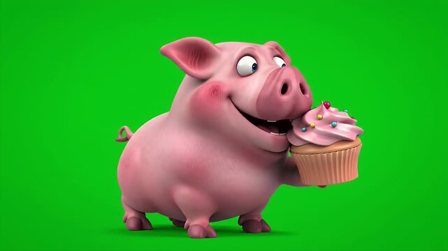 Delightful Pink Pig Holding Pink Frosted Cupcake on a Green Screen Background Animated Mascot with Cartoon Style Design Perfect for Celebratory Invitations and Themed Party Decorations