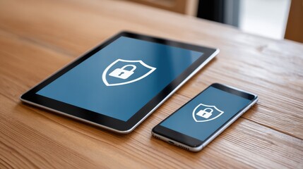A tablet and smartphone displaying a security shield with lock icon on a wooden table, suggesting secure mobile devices and digital safety.
