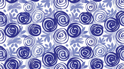 Fototapeta premium Seamless pattern of blue rose floral elements and leaves on a white background in a hand drawn style