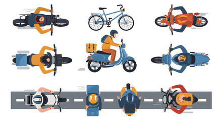 Bicycle and scooter top view. Cartoon bike, motorcycle, cycle view from above. People ride on bicycle and motor bike vector illustration
