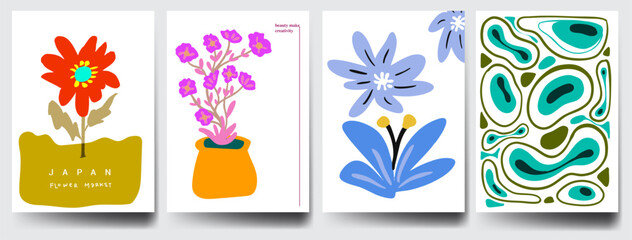 Botanical doodle background art vector set. Flower and leaves abstract shape doodle art design retro hippie 60s 70s style. for print, wallpaper, clipart, wall art for home decoration.