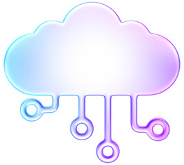 3D glass style purple blue cloud icon with circuit lines, representing cloud computing, storage, and networking