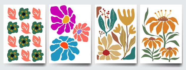 Botanical doodle background art vector set. Flower and leaves abstract shape doodle art design retro hippie 60s 70s style. for print, wallpaper, clipart, wall art for home decoration.