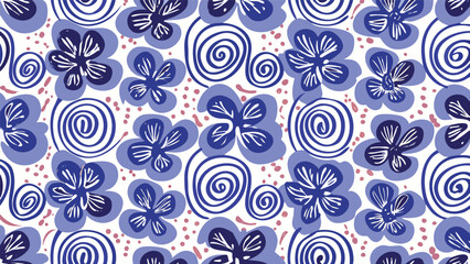 Fototapeta premium Seamless pattern with blue flowers, swirls, and pink dots on a white background creates a playful design