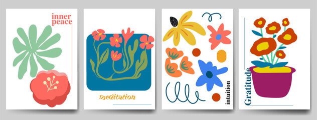 Botanical doodle background art vector set. Flower and leaves abstract shape doodle art design retro hippie 60s 70s style. for print, wallpaper, clipart, wall art for home decoration.