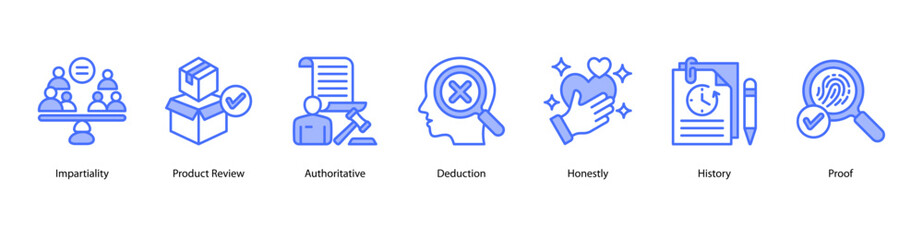 Judgment and Logic web banner icon vector illustration featuring Impartiality, Product Review, Authoritative, Deduction, Honestly, History, and Proof.