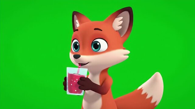 Charming Cartoon Fox Sipping Drink with Straw Animation Against Green Screen Backdrop Adorable Vulpini Character Enjoying Beverage With Isolated Chroma Key Background Perfect for Decoration and