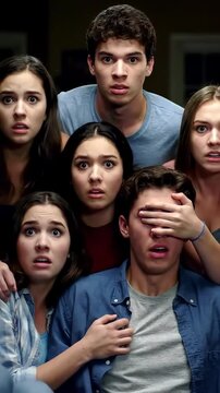 Teenagers terrified slow-motion reactions as they watch horror together, capturing genuine fear and suspense.