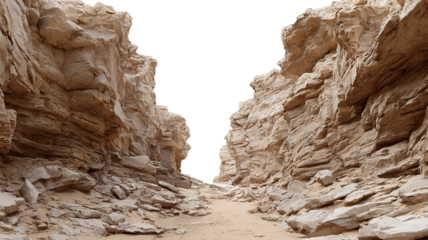 Rocky desert canyon with narrow passage, isolated on transparent cutout background