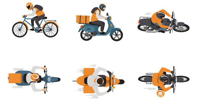Bicycle and scooter top view. Cartoon bike, motorcycle, cycle view from above. People ride on bicycle and motor bike illustration
