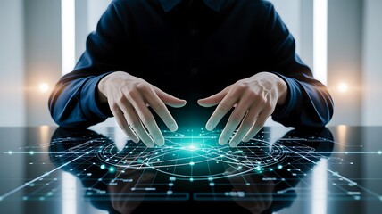 Business professional interacting with futuristic holographic technology interface