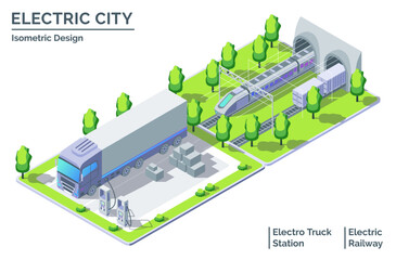 Obraz premium Cartoon Color Electro Truck and Train Electric City Transportation Concept 3d Isometric View Line Elements. Vector illustration