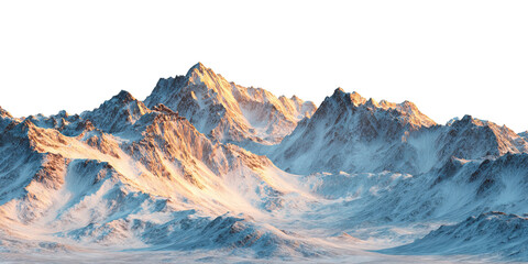 Snow-covered mountain range at sunrise or sunset, isolated on transparent cutout background