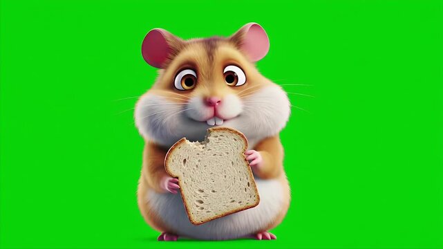 Adorable Golden Hamster Holding Bread with a Green Screen Background Perfect for Pet Education Content Cute 3D Animated Mesocricetus auratus Stock Footage Character Mascot Design
